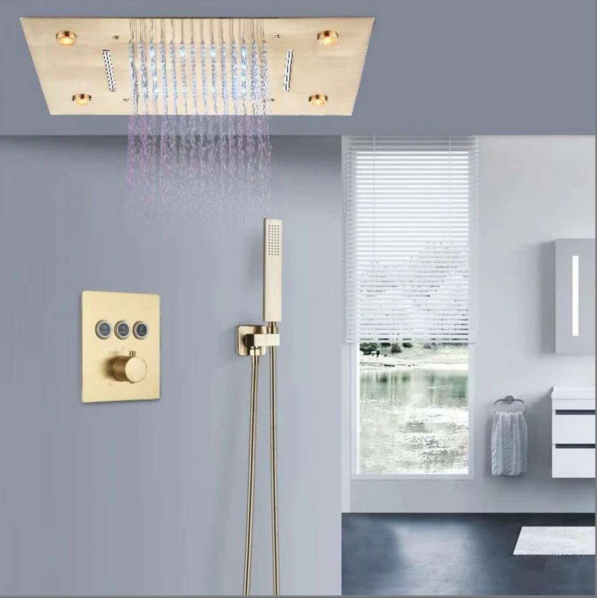 Colonne de Douche Encastrable Luxe LED – Pluie & Cascade, Douchette - Or