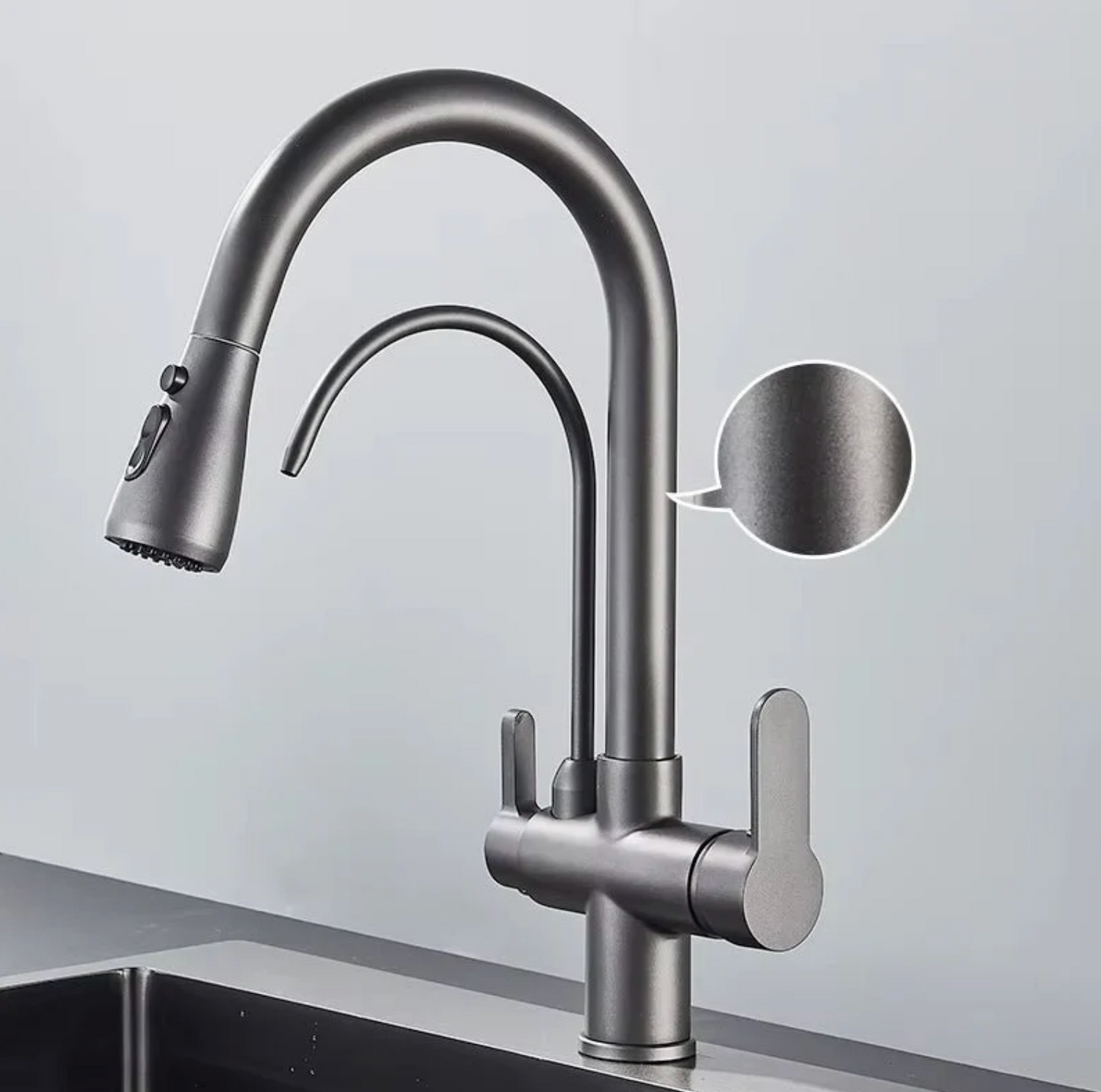 Robinet de cuisine 3 voies – Eau filtrée & douchette extractible