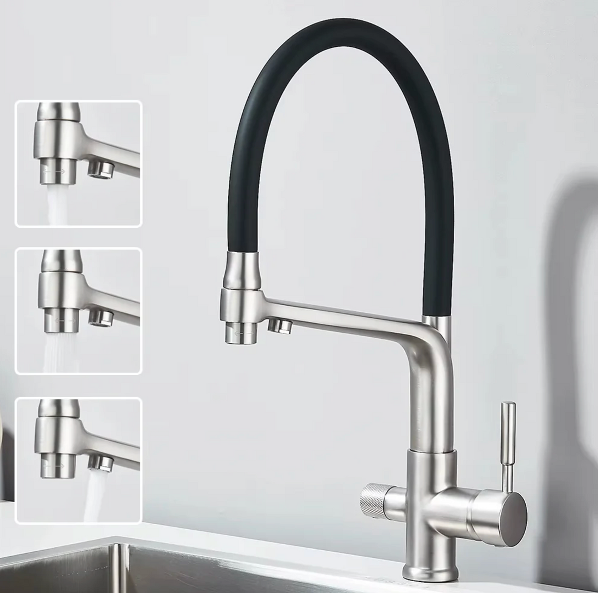 Robinet de cuisine double bec – Eau filtrée & eau chaude/froide 360°