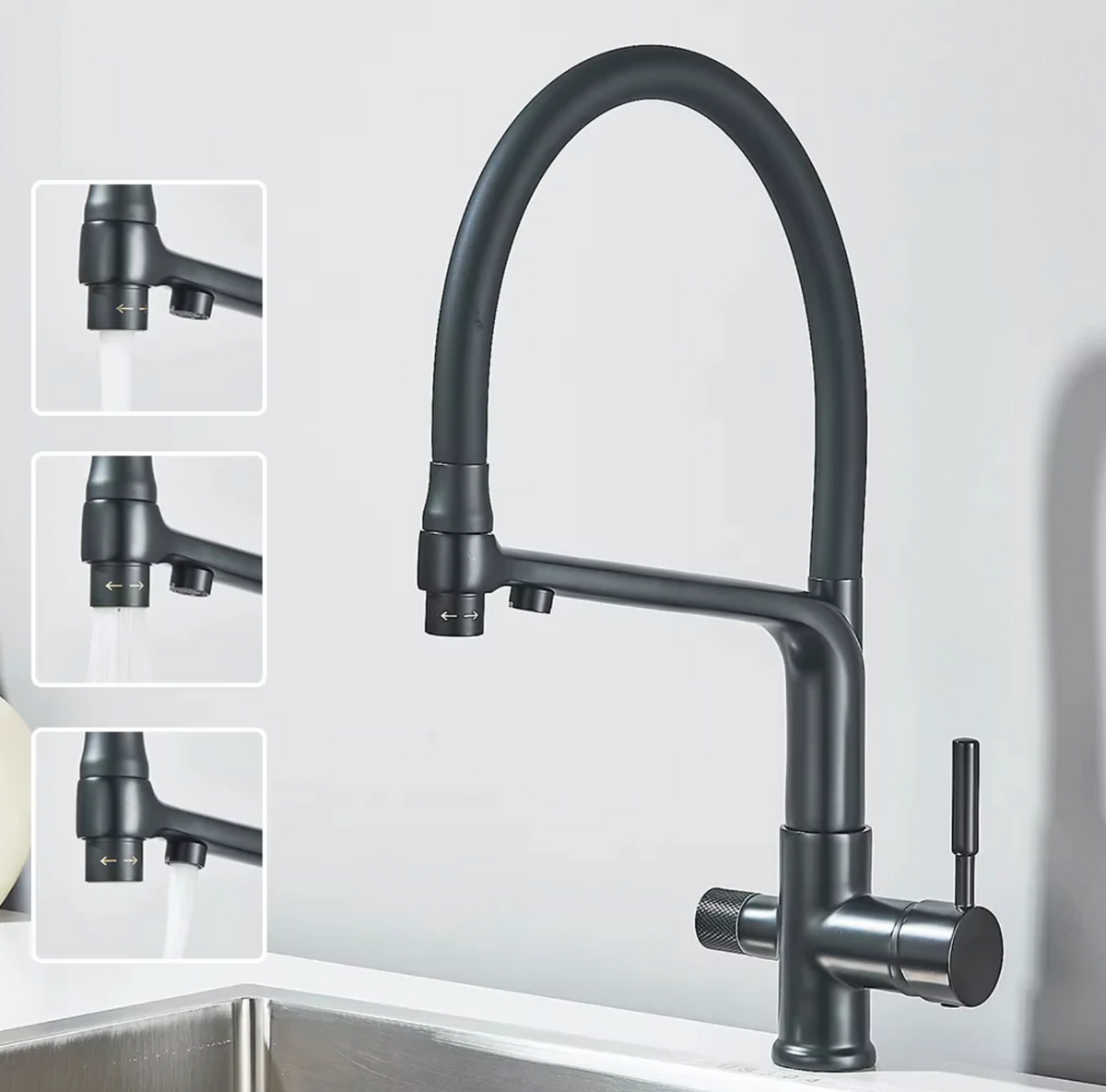 Robinet de cuisine double bec – Eau filtrée & eau chaude/froide 360°