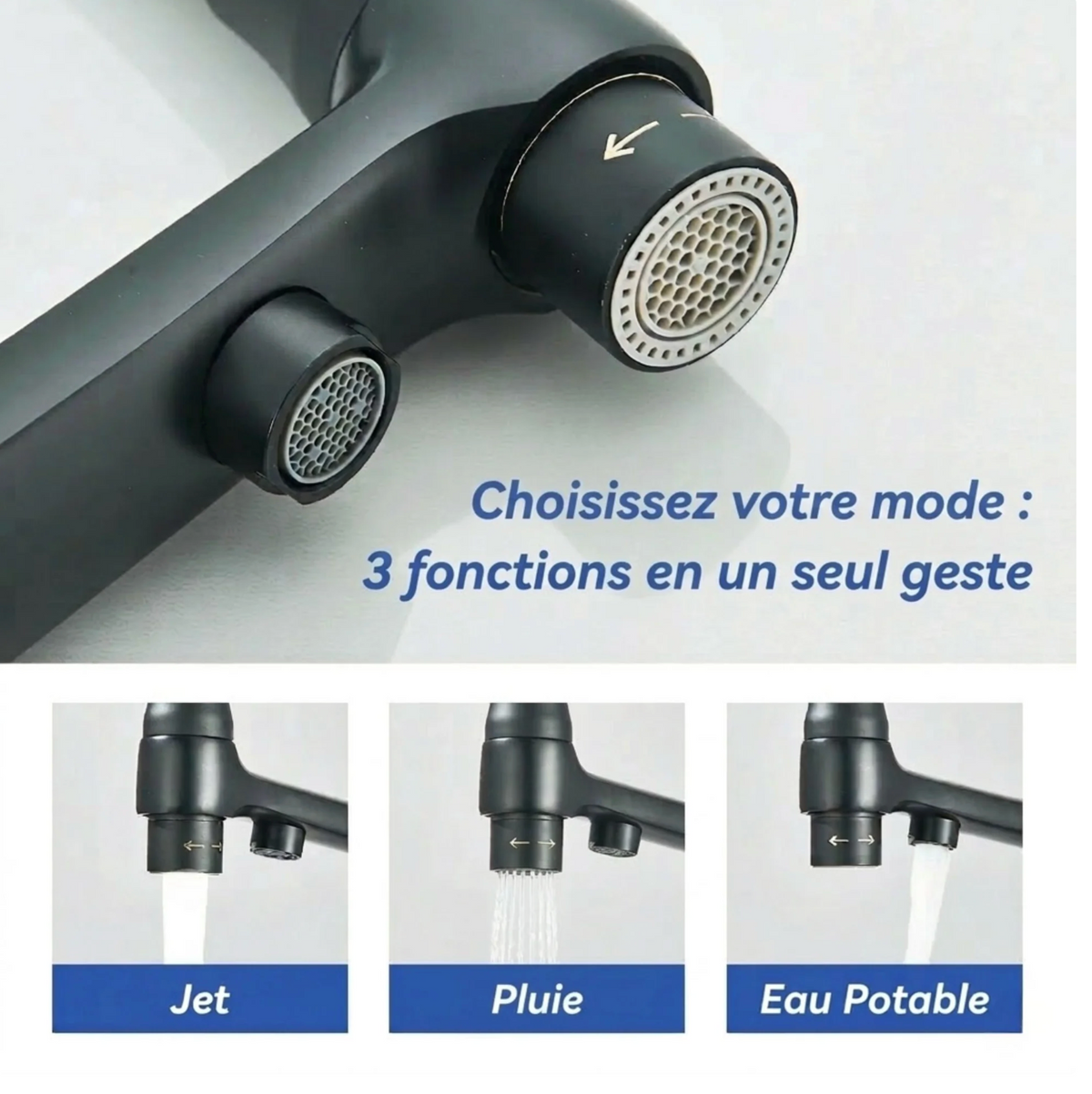 Robinet de cuisine double bec – Eau filtrée & eau chaude/froide 360°