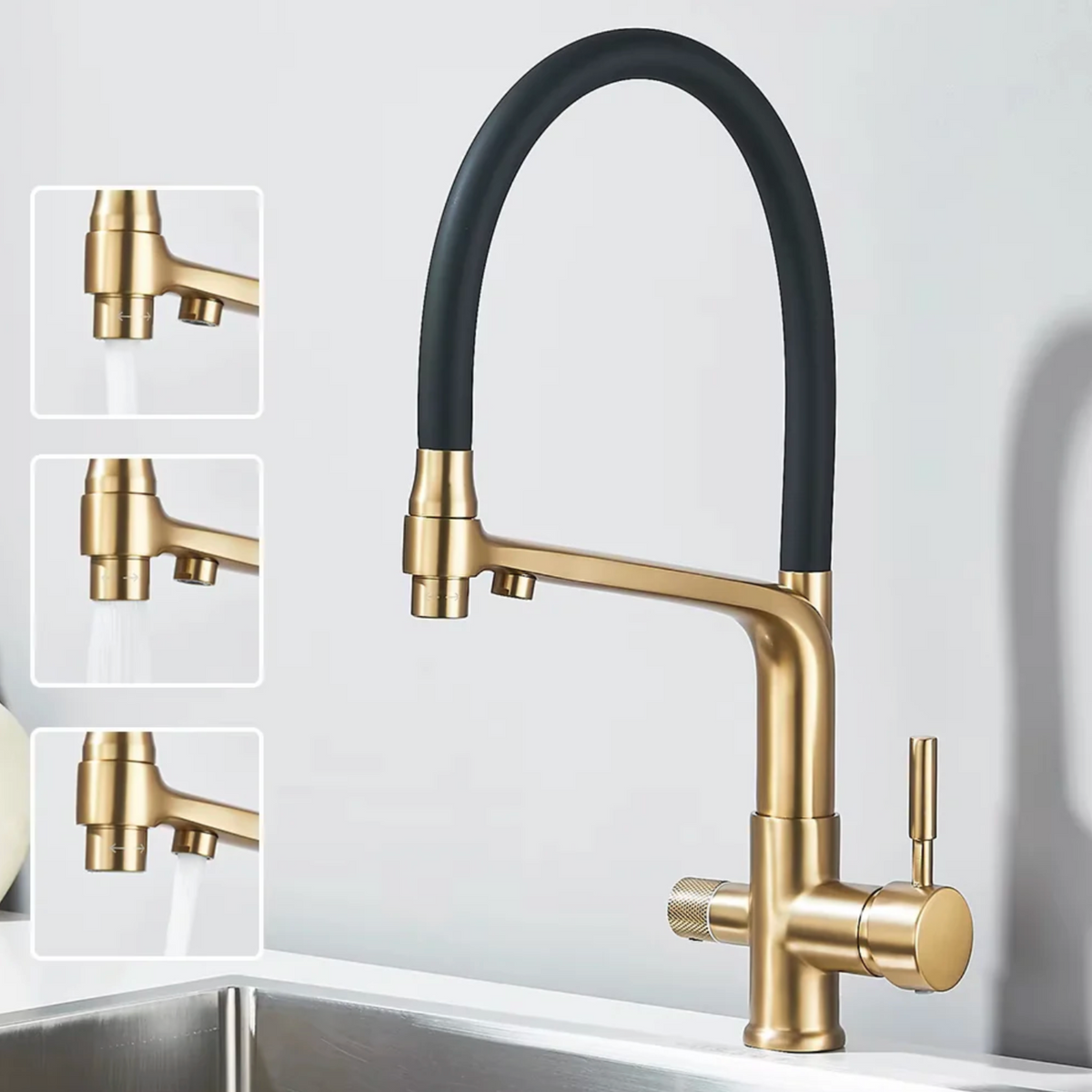 Robinet de cuisine double bec – Eau filtrée & eau chaude/froide 360°