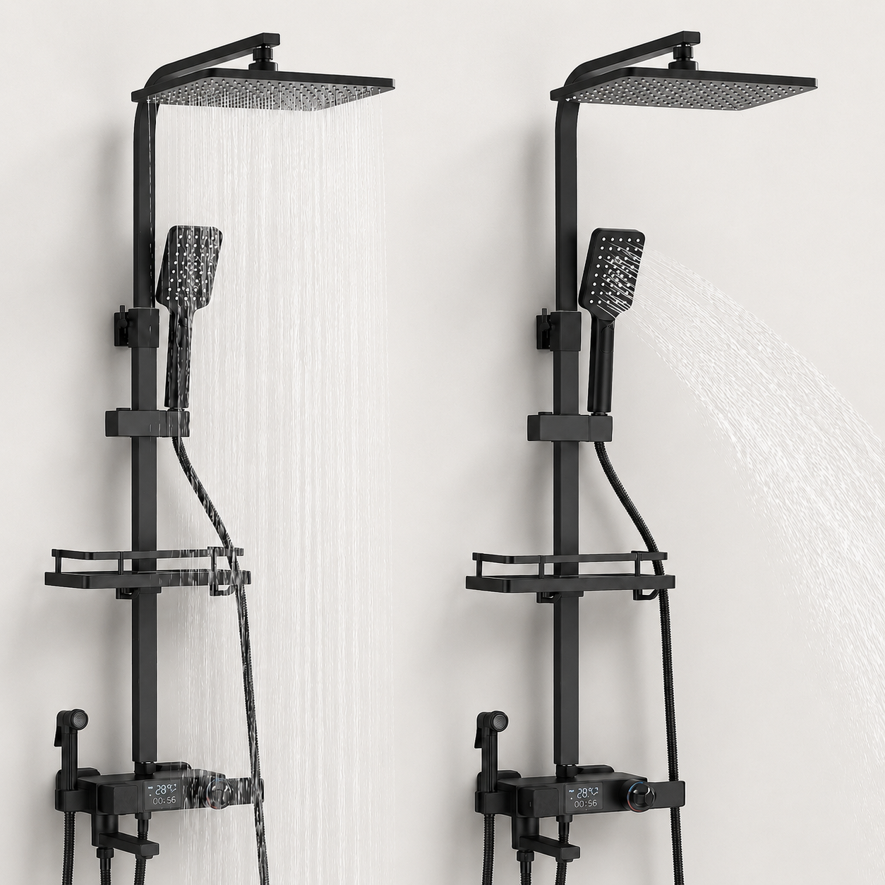Colonne de Douche Thermostatique avec Affichage Digital – Pluie et Douchette - Noir mat & Chrome