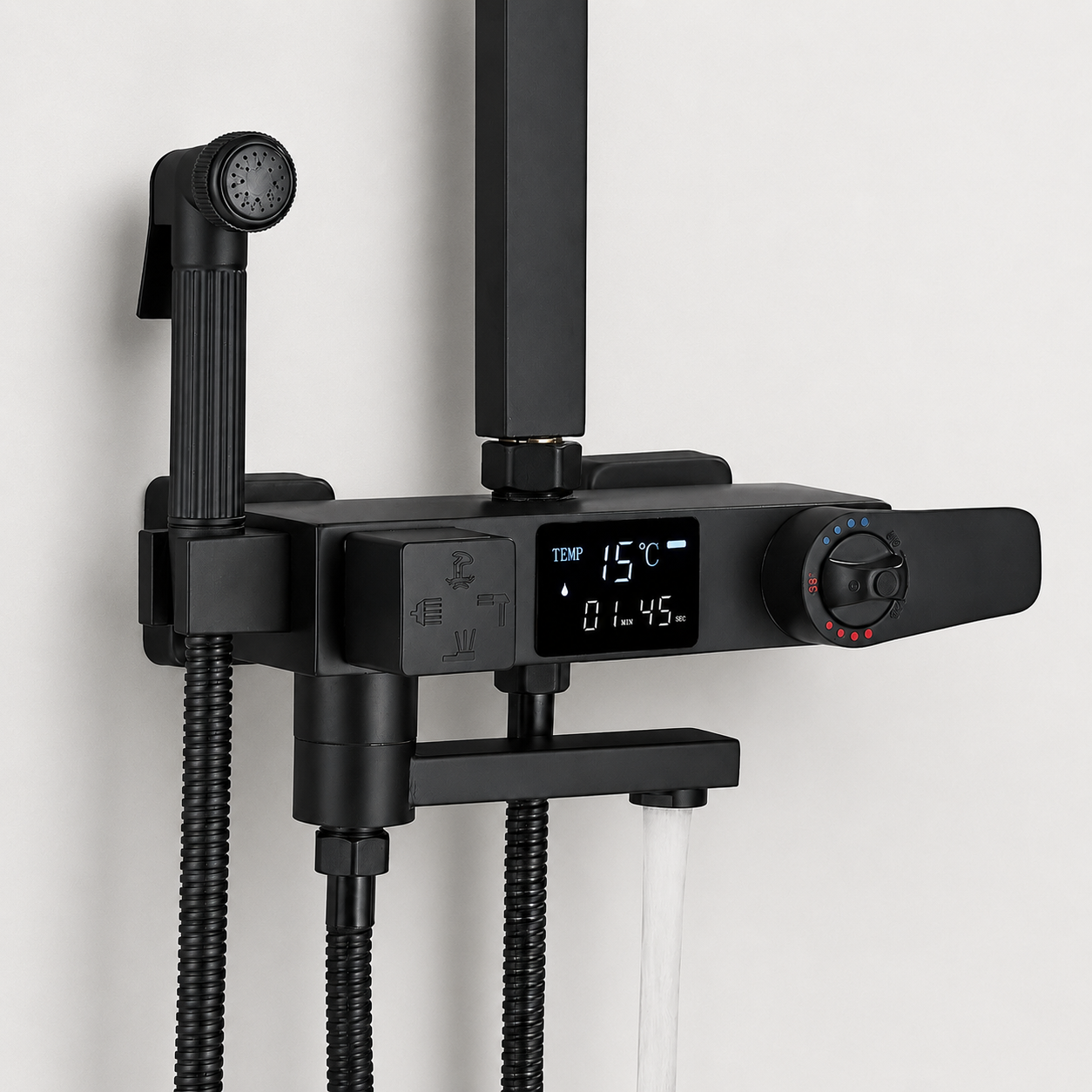 Colonne de Douche Thermostatique avec Affichage Digital – Pluie et Douchette - Noir mat & Chrome