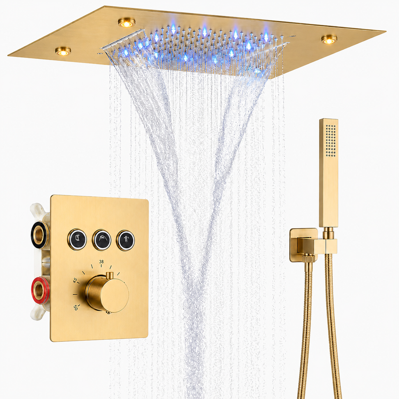 Colonne de Douche Encastrable Luxe LED – Pluie & Cascade, Douchette - Or