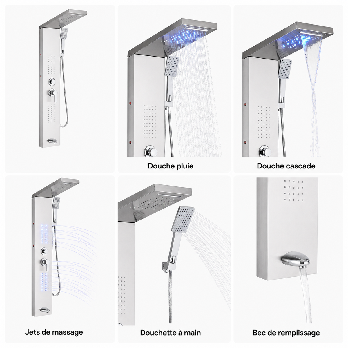 Colonne de Douche Hydromassante – Pluie, Cascade & Jets LED - Noir mat