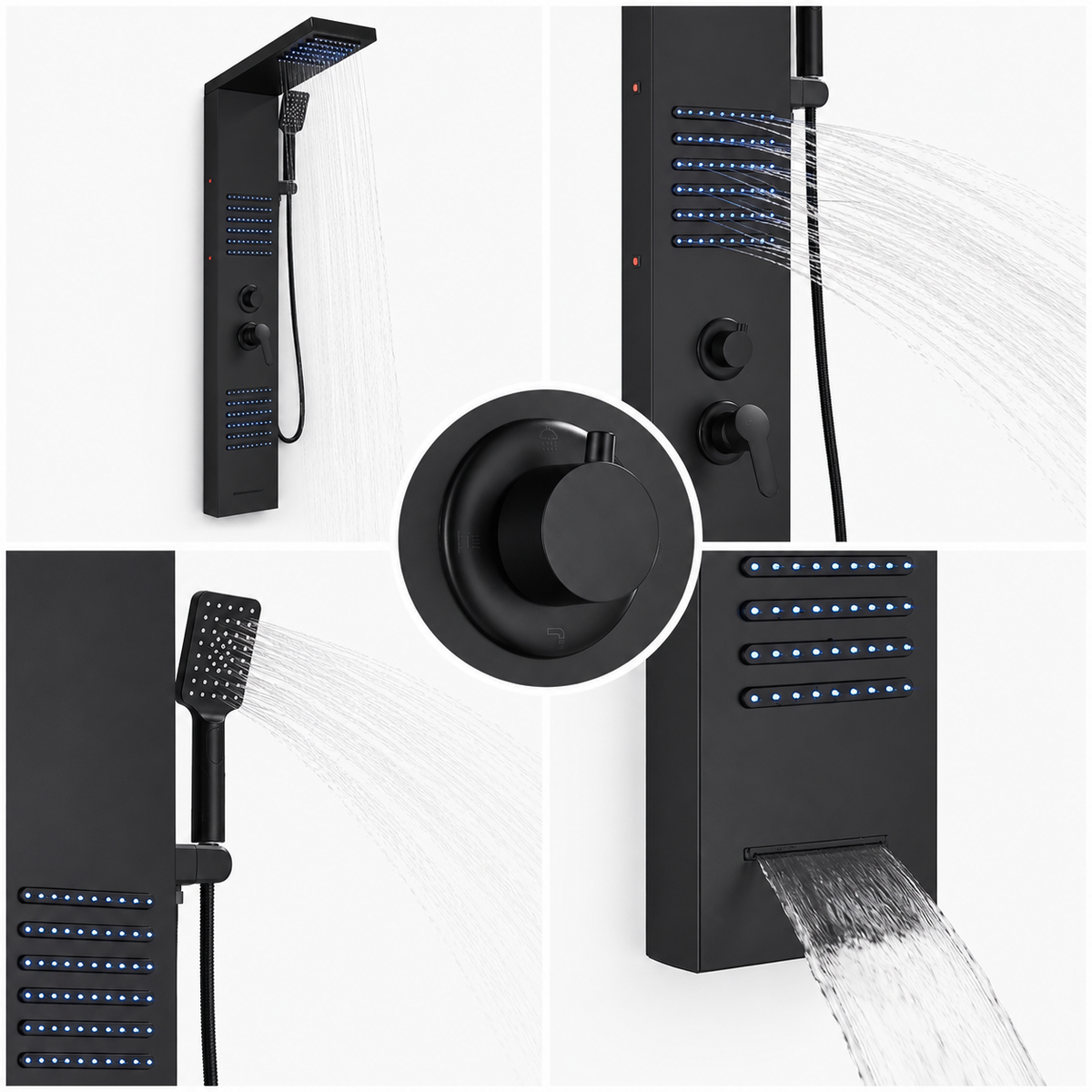 Colonne de Douche Hydromassante – Pluie, Cascade & Jets LED - Noir mat