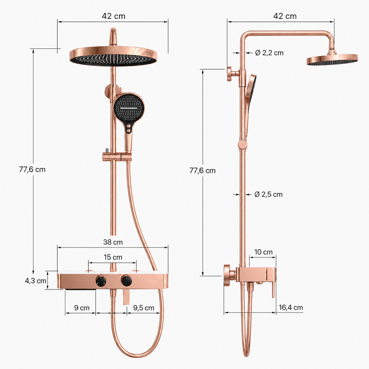 Colonne de Douche Premium – Pluie, Douchette & Bec Baignoire – Or rose