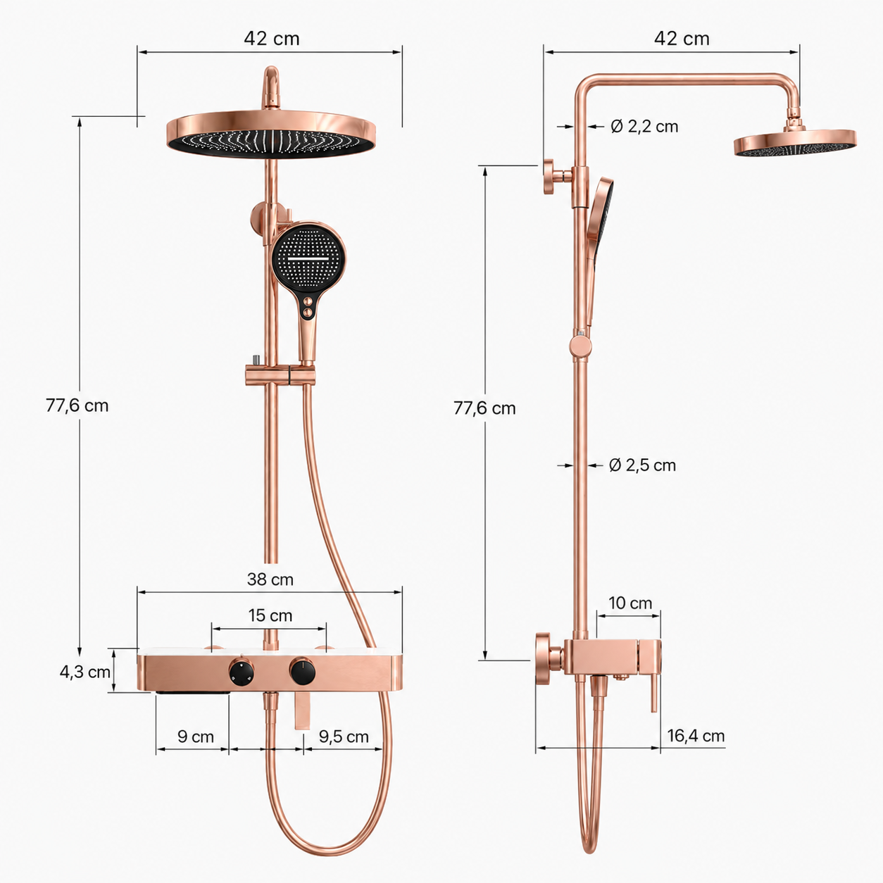 Colonne de Douche Premium – Pluie, Douchette & Bec Baignoire – Or rose