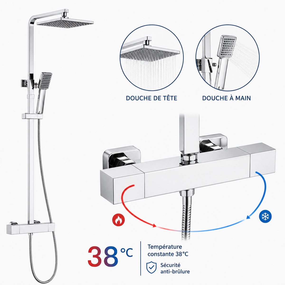 Colonne de Douche Thermostatique Chrome – Pluie / Douchette