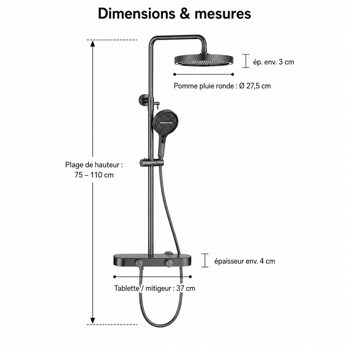 Colonne de Douche Thermostatique Luxe Gris Brossée – 4 Voies Pluie & Cascade
