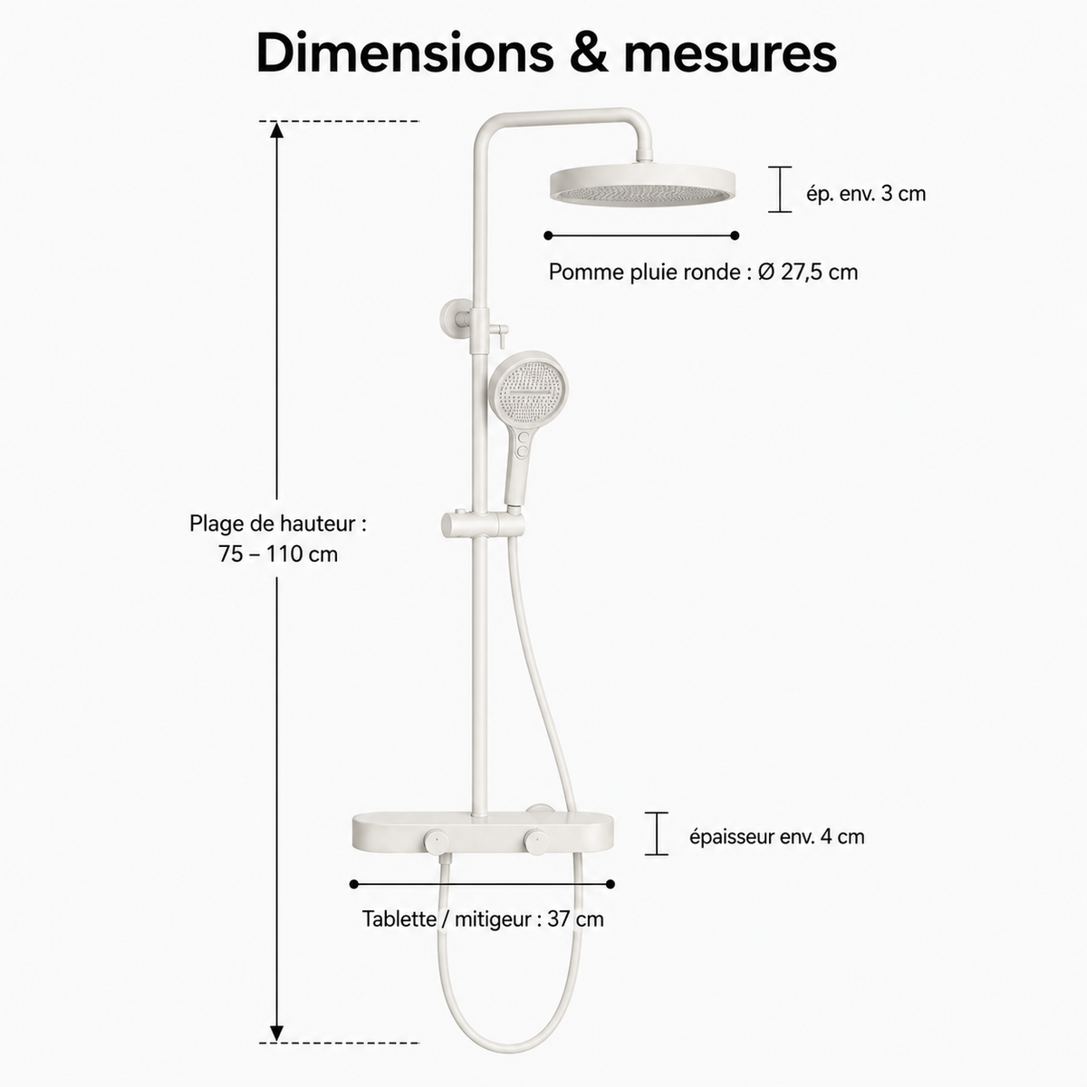 Colonne de Douche Thermostatique Luxe Gris Brossée – 4 Voies Pluie & Cascade